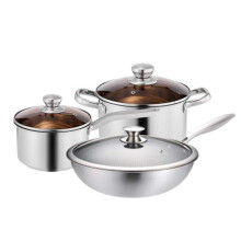 Stainless Steel Cookware Set 3Piece Flat Bottom Frying Pan, Soup Pot, Milk Pot for Induction Cooker, Home Kitchen