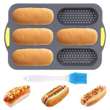 Silikon-Backform, Hot-Dog-Brötchen-Backform mit Ölpinsel, Antihaftbeschichtete Baguette-Backform mit 6 Rillen, Baguette-Backform für Hot Dogs