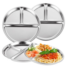 Lot de 3 Assiettes Divisées en Acier Inoxydable, 3 Compartiments pour le Contrôle des Portions, Plateaux Réutilisables de 23 cm
