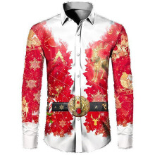 Christmas Shirt Xmas Men's Slim Fit 3D Print Lapel Button Up Festive Motif Breathable Size L