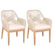 Set di 2 sedie da giardino MCW-H56b, poltrona da esterno, corda intrecciata legno di acacia ~ beige cuscini bianco