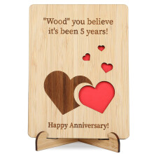 Handmade Wooden 5th Anniversary Card with Heart Carving, 5 Year Wedding Gift for Couple, Wife, Husband