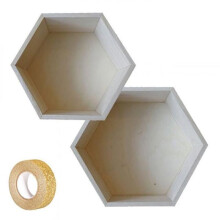 2 scaffali esagonali in legno 24 x 21 cm e 27 x 23,5 cm + nastro adesivo dorato con glitter 5 m