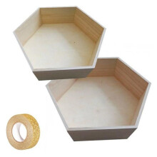 2 mensole esagonali in legno 36 x 31 cm e 39 x 34 cm + nastro adesivo dorato con glitter 5 m