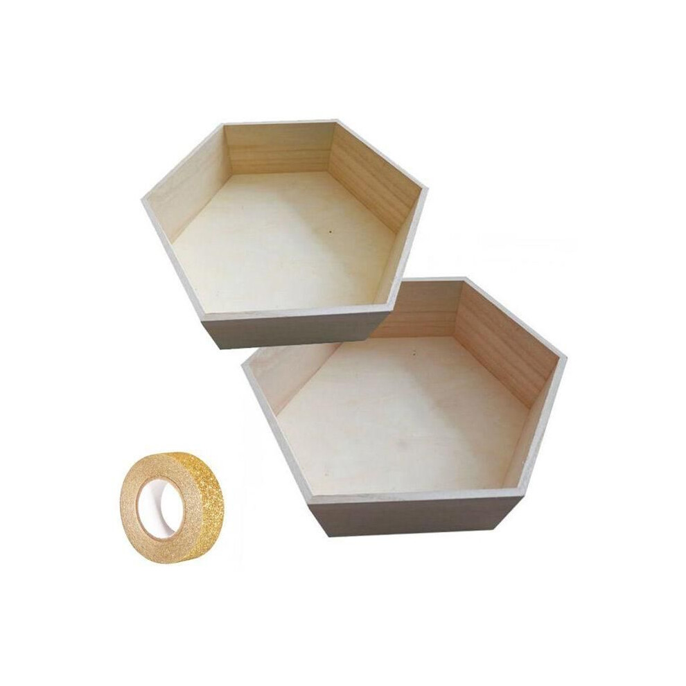 2 Hexagonal Wooden Shelves 36 X 31 Cm And 39 X 34 Cm + 5 M Glitter Masking Tape Gold Youdoit
