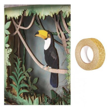 Rahmen Holz mit 3D-Tukan-Muster 24 x 24 cm + goldener Glitzer-Masking Tape 5 m