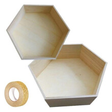 2 mensole esagonali in legno 30 x 26 cm e 36 x 31 cm + nastro adesivo dorato glitter 5 m
