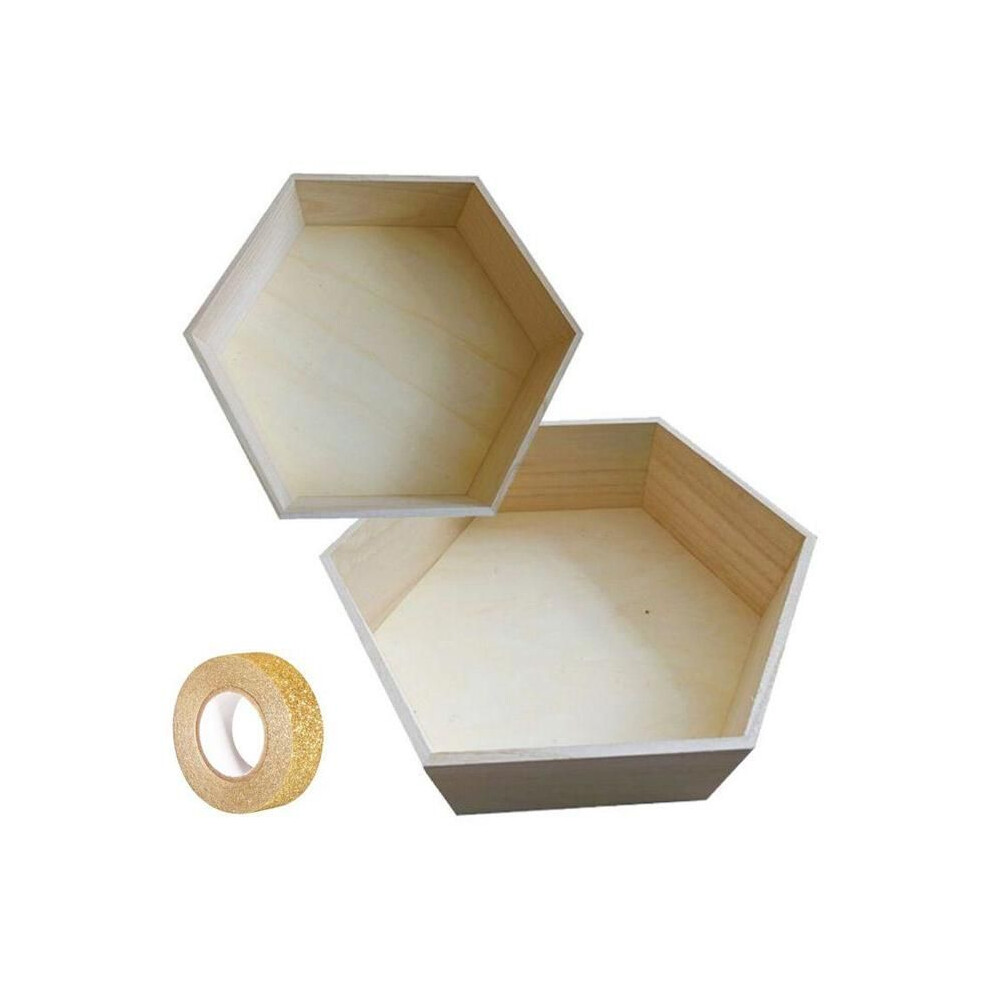2 Hexagonal Wooden Shelves 30 X 26 Cm And 36 X 31 Cm + 5 M Glitter Masking Tape Golden Youdoit