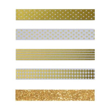 4 valkoista ja kultaa maalarinteippiä + 1 kultainen glitter maalarinteippi