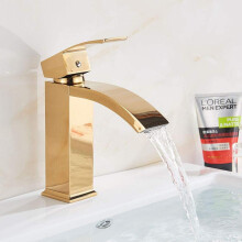 Gold Waterfall Basin Sink Faucet, Hot Cold Water Mixer, Deck Mount, Single Handle, Chrome Orb Brushed Finishes
