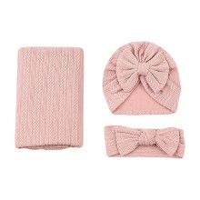 3 Pcs Newborn Receiving Blanket Baby Pram Blanket Wrap Infant Pink Swaddle Blanket Set with Matching Bow Hat and Headband