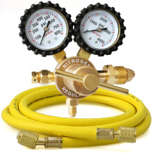 Nitrogen Regulator with Hose CGA580, Adjustable 0800PSI, Brass Construction, Dual Gauges