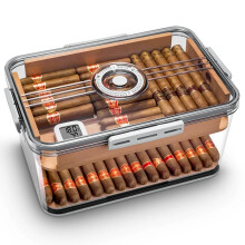 Clear Acrylic Cigar Humidor with Cedar Tray, Humidifier, Hygrometer, Desktop Size, Partitioned Design for Humidity Control