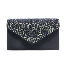 Elegant Dark Blue Satin Evening Clutch Bag for Women with Diamante Embellished Envelope Design