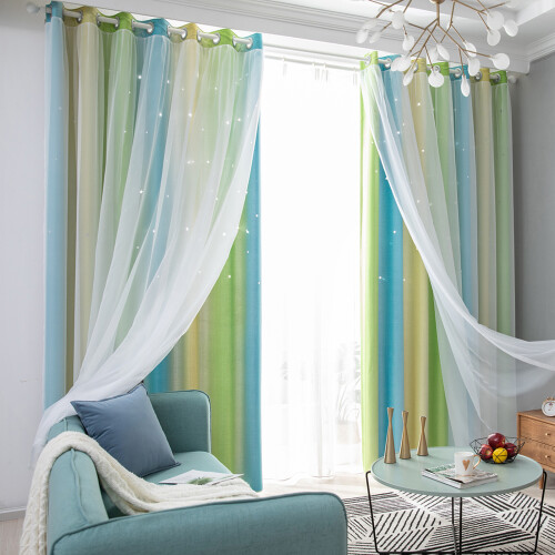 2pc Gradient Star Pattern Double Layer Blackout Curtain 100*130cm to 134*270cm 1