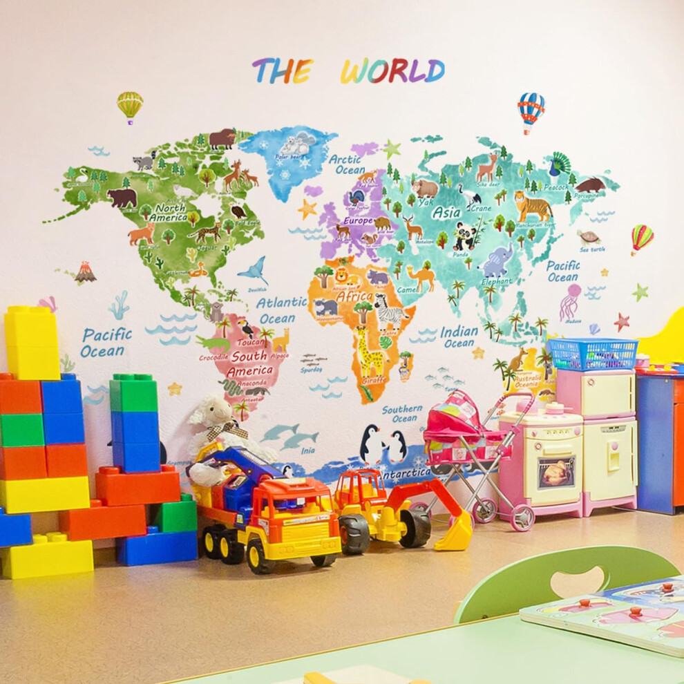 Educational World Map and Animal Wall Decals Peel and Stick Waterproof Vinyl for Kids Nursery