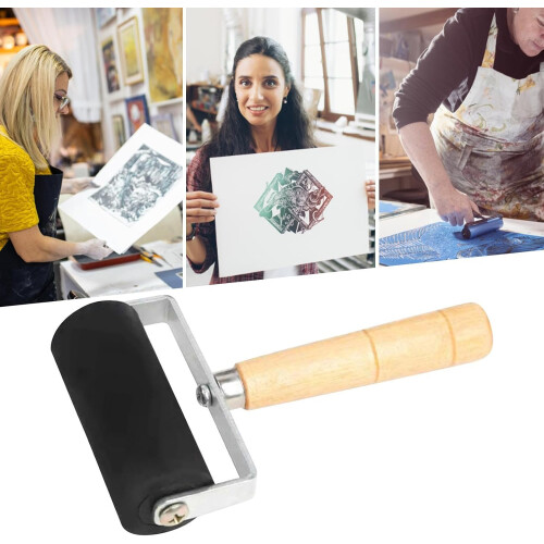 Rubber Roller Wooden Handle Printing Tool Ink Applicator Multi Craft Roller Heavy Duty Paint Spreader Stamp Medium 2