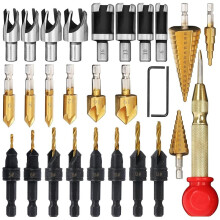28 Pcs Woodworking Chamfer Drilling Tools, Including Countersink Bit, Wood Plug Cutter Drill Bit Set