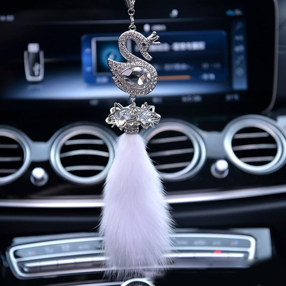 Car Rearview Mirror Pendant Sparkling Crystal Swan Ornament With Rhinestone Plush Charm For Interior Decoration 9382693306937