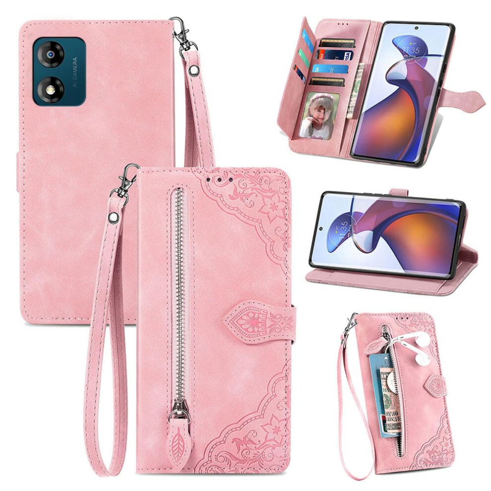 Phone Case Moto E13 Wallet Case With Card Slots, Tpu Embossed Skin Feel, Pink 9199774027113
