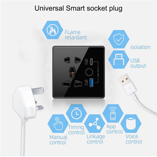 Tuya  Socket met Type C + USB Snellaad-Afstandsbediening-Timing-Stopcontact WiFi  British Standard 86-Type Socket B 1