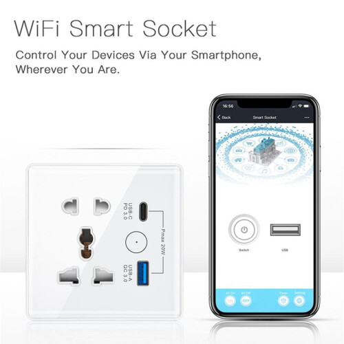 Tuya  Socket met Type C + USB Snellaad-Afstandsbediening-Timing-Stopcontact WiFi  British Standard 86-Type Socket B 2