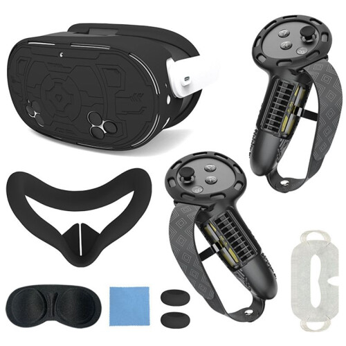 Objektivschutzabdeckung, Anti-Fall-VR-Schutzabdeckung, Controller-Griffabdeckung für Meta Quest 3S, 7-Teiliges Set, Schwarz