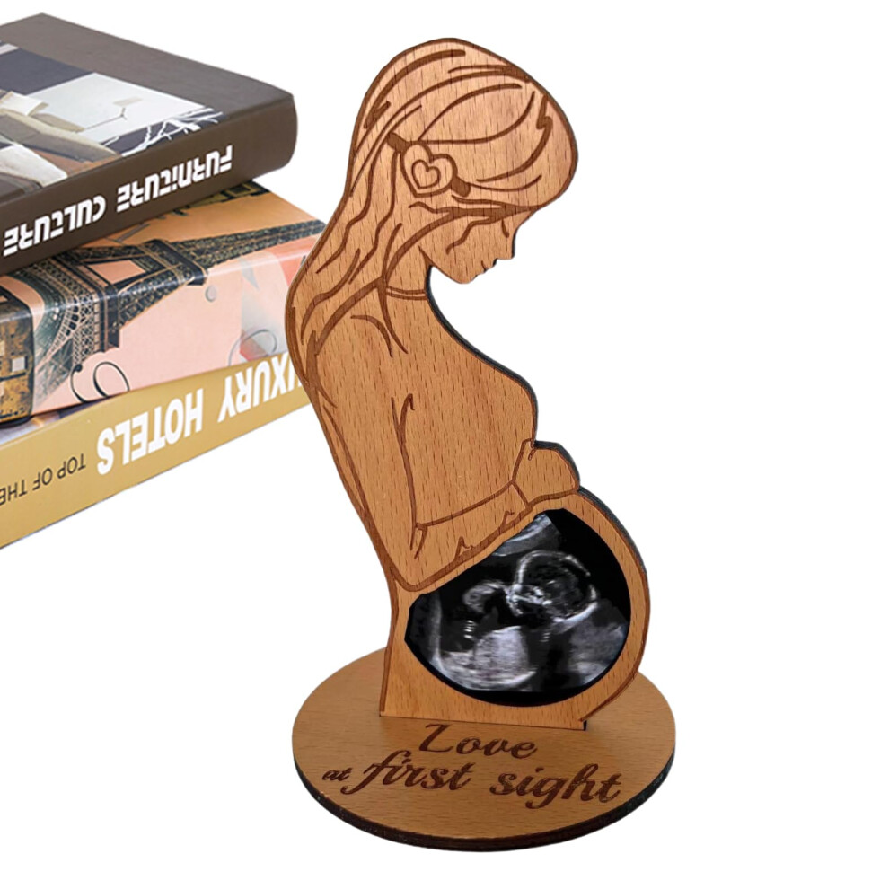 Ultrasound Photo Frame with Elegant Mother Silhouette, Wooden Sonogram Keepsake for Baby Shower