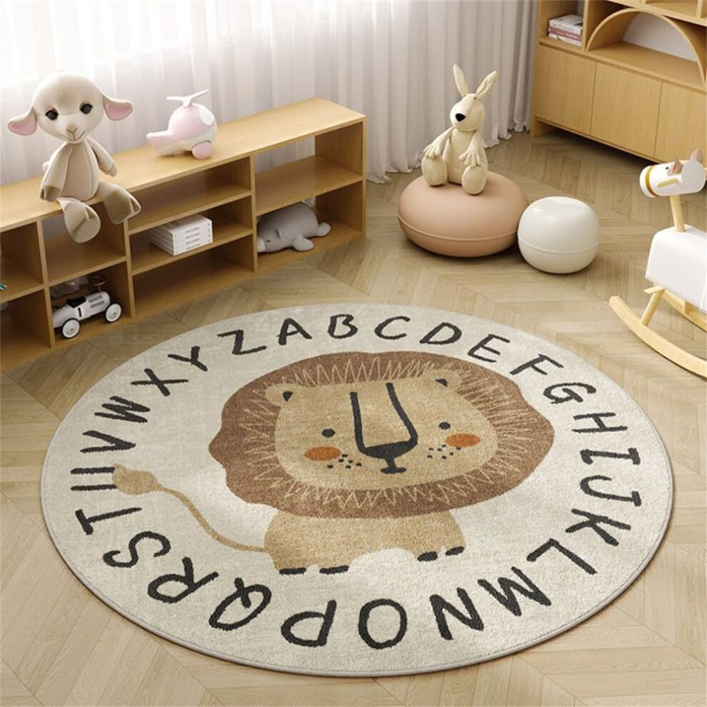 Kids Playroom Rug Round NonSlip Washable Lion Print Soft Fluffy Nursery Carpet 80cm