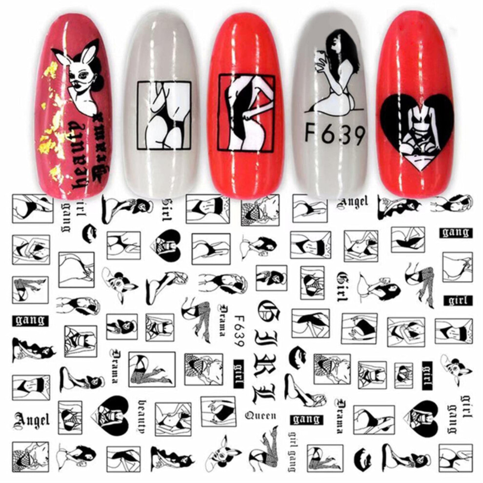 Black 3D Sexy Girl Nail Art Stickers With Flower Leaf Water Transfer Decals For Manicure