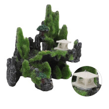 Aquarium Rockery Mountain Scene Resin Decoration with Bridge & Pavilion 25cm