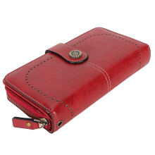 Large Capacity RFID Blocking Leather Wallet with Removable Wrist Strap, Wine Red