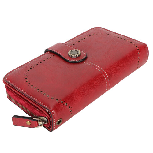 Large Capacity RFID Blocking Leather Wallet with Removable Wrist Strap, Wine Red