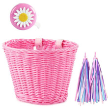 1Set Rattan Wicker Bicycle Front Basket+Bell+Tassel+Stickers Adjustable Handwoven Adult Bike Handlebar Accessories
