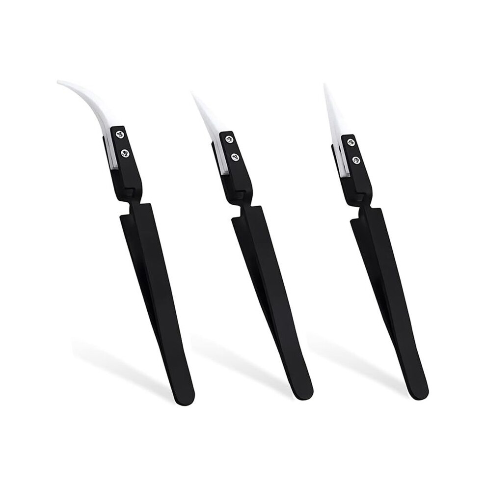 3Pcs Precision Ceramic Reverse Tweezers, Straight & Curved Tips Tweezers Set, Stainless Steel Tweezers