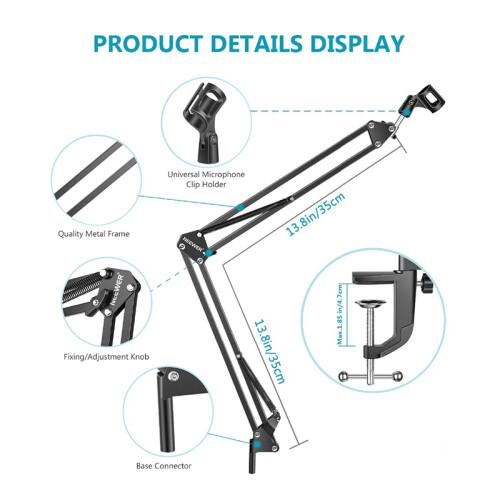Support de Microphone D'Enregistrement Extensible Support de Support de Bras de Ciseaux de FlèChe de Suspension avec Pince de Montage de Table de 2