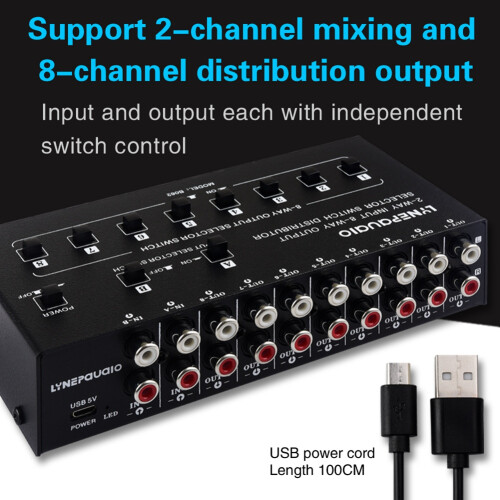 2 in 8 Out Audio Frequency Signal Selector Shift Device Support 2 Sets Mix Input and 8 Sets Output RCA Interface 1