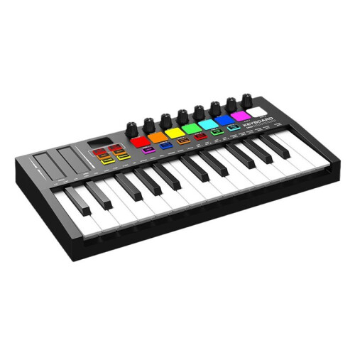 Portable MIDI Control Keyboard, USB, Sequencer Keyboard, Bakgrundsbelysta Drum Pads, 8 Knobs, OLED, 25-Key Controller
