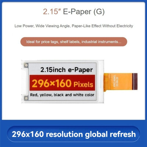 2.15inch E-Paper Display (G), E-Ink Display, 296x160 Pixel, Red/Black/White/Yellow Electronic Ink Screen, SPI Interface 1