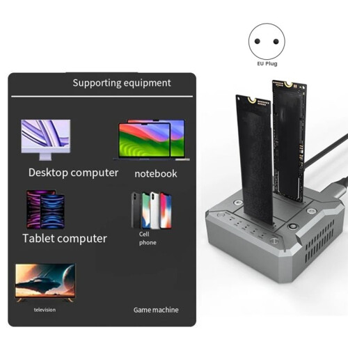 Dual Bay M.2 NVMe/NVMe SSD Hard Disk RAID10 Docking Station Offline Clone M.2 SSD Duplicator Fan Cooling Array EU Plug 1