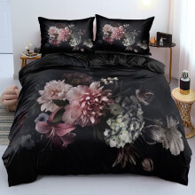 King Size Bedding Set Black Large Floral Microfiber Duvet Cover With 2 Pillowcases 19' x 29', Cosy Warm Suitable for Adults and Children Ref: 4378