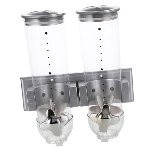 Wall Mounted Double Cereal Dispenser with Cup Organizer, Space Saving Dry Food Storage Container
