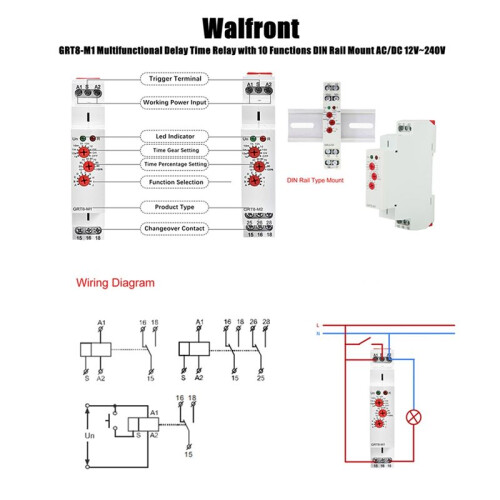 GRT8-M1 Delay  Relay Multifunctional Timer AC  Contactor Isolator with 10 Functions DIN Rail Mount AC/ 12V-240V 1