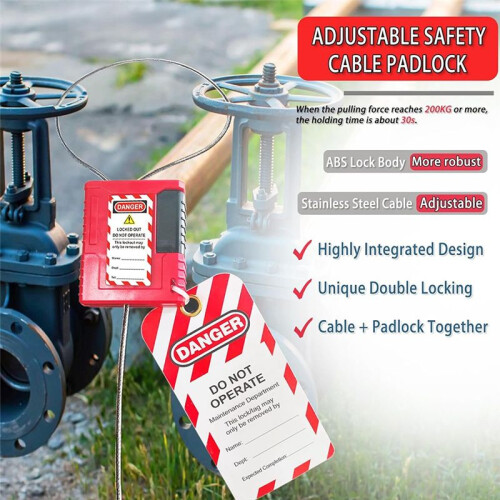 Lockout Tagout Cable Lock - 3.3ft Adjustable Cable Lock, Steel Cable Lock with Vinyl Coating, Loto-Cable 2