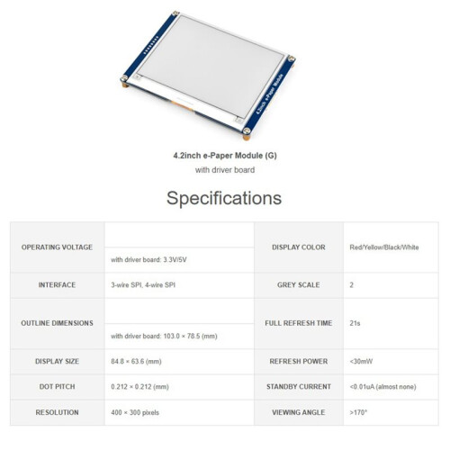 4,2 Inch E-Paper E-Ink Display Module 4,2 Inch E-Paper Module (G), 400x300, Rood / Geel / Zwart / Wit, SPI-Interface 1
