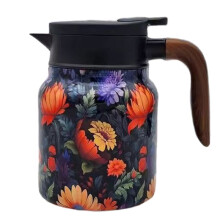 Carafe Isotherme en Acier Inoxydable avec Couvercle et Motif Floral Vintage pour Boissons Chaudes, Orange