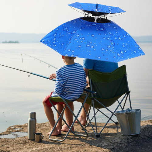 Fishing Umbrella Hat Waterproof Sun Protection, Hands Double Layer with Adjustable Head Strap 2