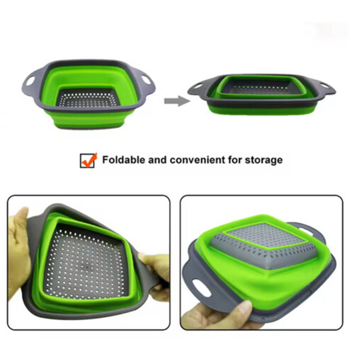 Silicone Folding Drain Fruit Vegetable Washing Basket Foldable Strainer Drainer Kitchen Storage Tool Dish Small Green 2