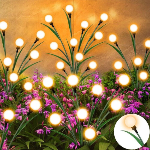 Solar Garden Lights 2 Pack,2 Lighting Modes Waterproof Firefly Light with Artificial Green Leave & Branches 1