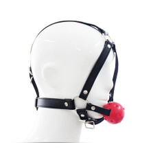 PU Leather Head Harness Bondage Gag with Red Silicone Ball for Adult Fetish SM Couples Sex Game Toy Type B